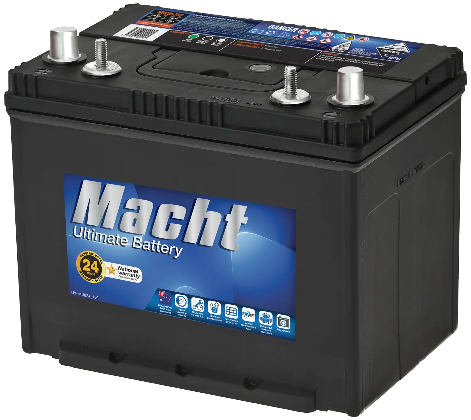 MHCM-700 battery with advanced calcium technology, high cranking power, and dual terminal design.