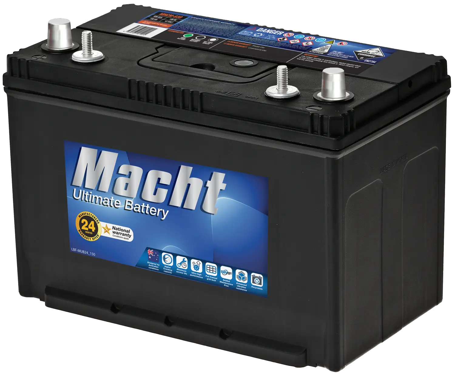 MHCM-830 battery with advanced calcium technology, high cranking power, and dual terminal design.