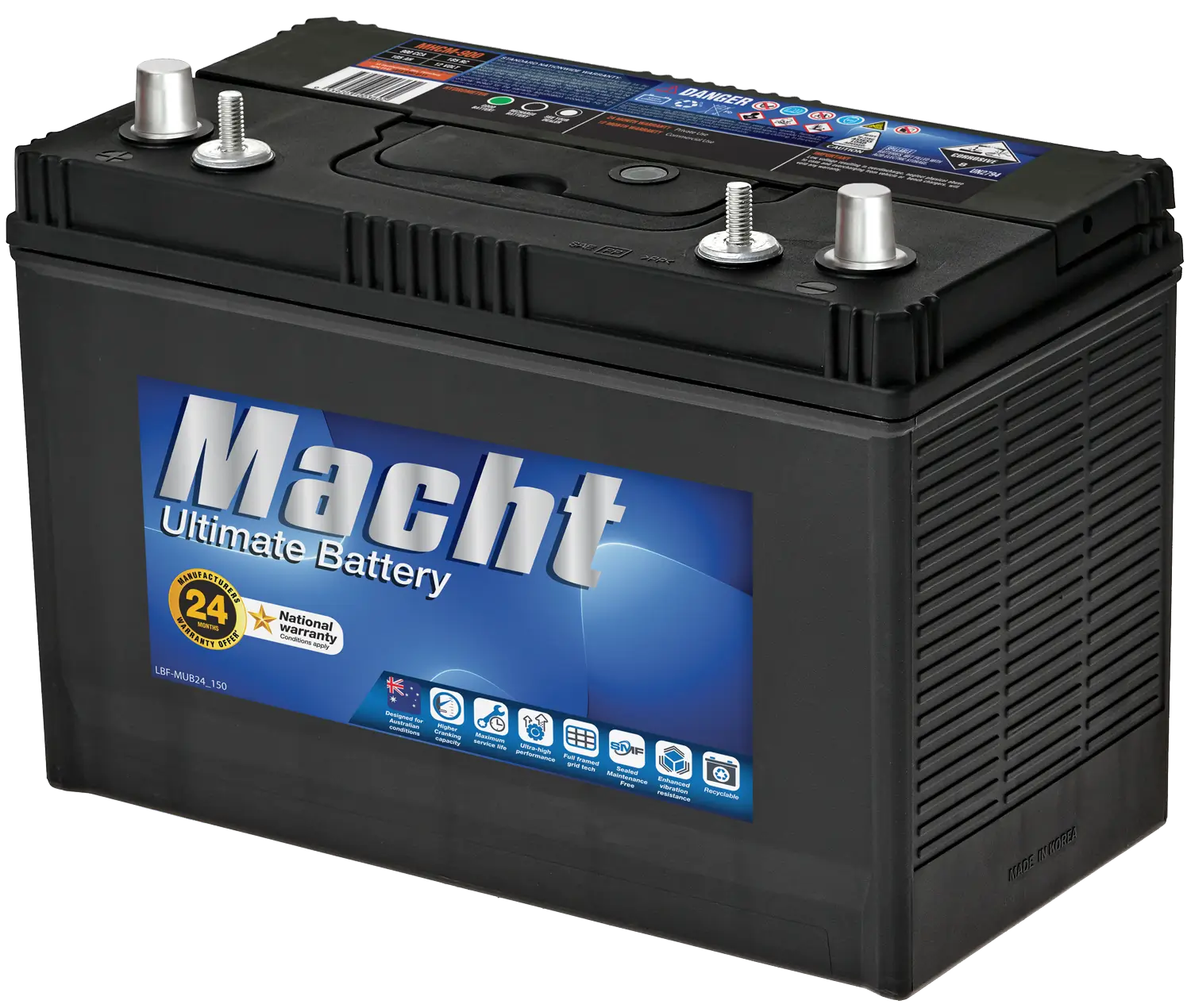 MHCM-900 battery with advanced calcium technology, high cranking power, and dual terminal design.