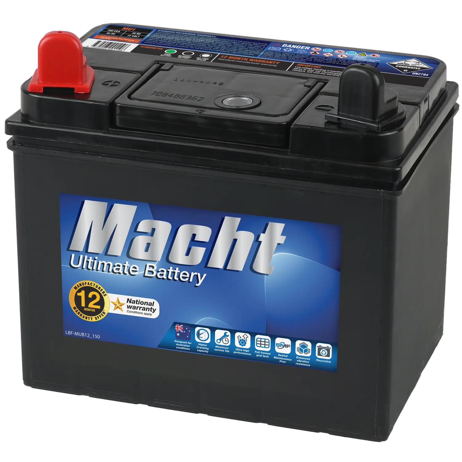 MU1 battery with advanced calcium technology for high cranking and longer shelf life.